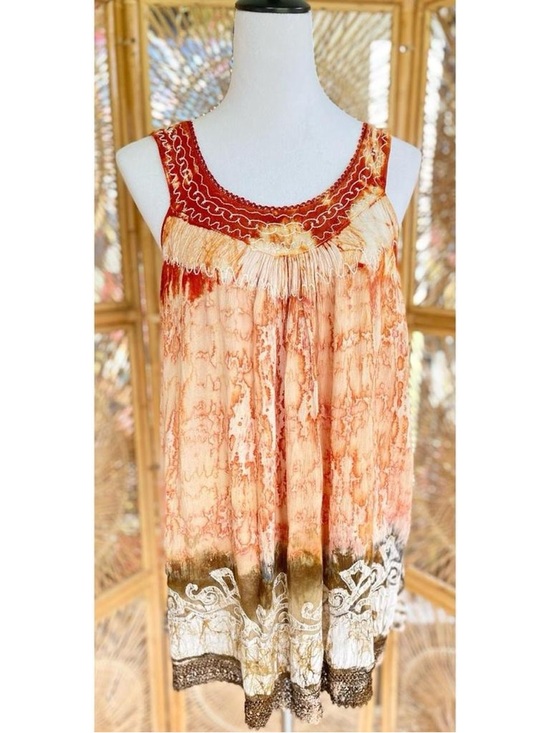 Tops - Earthy Boho Hippie Orange Green Tie Dye Embroidered Tunic Top Tank OS Summer